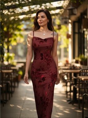 Burgundy Floral Maxi Dress, Strappy Sleeveless, Cowl Neck, Long, Regular Size